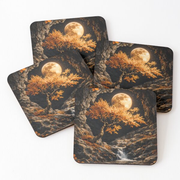 Item preview, Golden Moon and Autumn Tree in Cave – Mystical Fantasy Nature Art Print designed and sold by Kaleidoscope Print.
