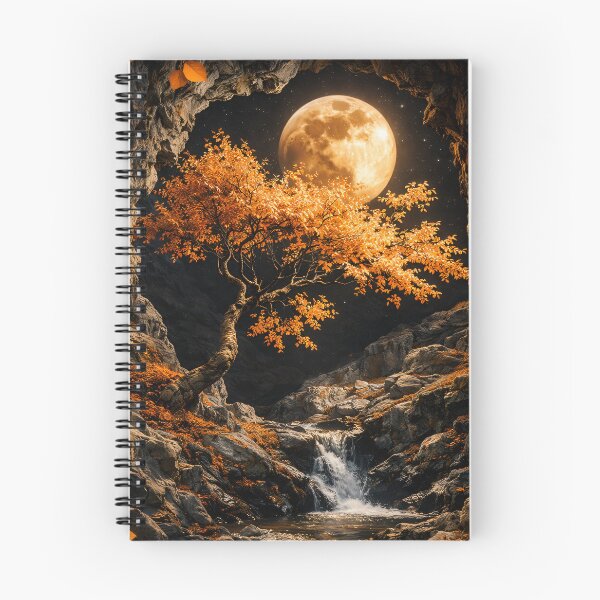 Item preview, Golden Moon and Autumn Tree in Cave – Mystical Fantasy Nature Art Print designed and sold by Kaleidoscope Print.