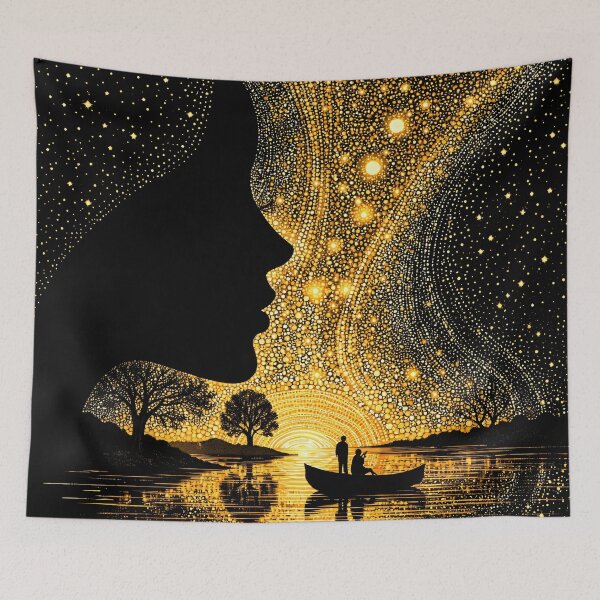 Item preview, Golden Woman Silhouette Under Starry Sky – Mystical Cosmic Fantasy Art Print designed and sold by Kaleidoscope Print.