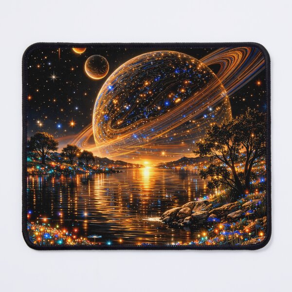 Item preview, Glowing Ringed Planet Over Cosmic Lake – Magical Celestial Fantasy Art Print designed and sold by Kaleidoscope Print.
