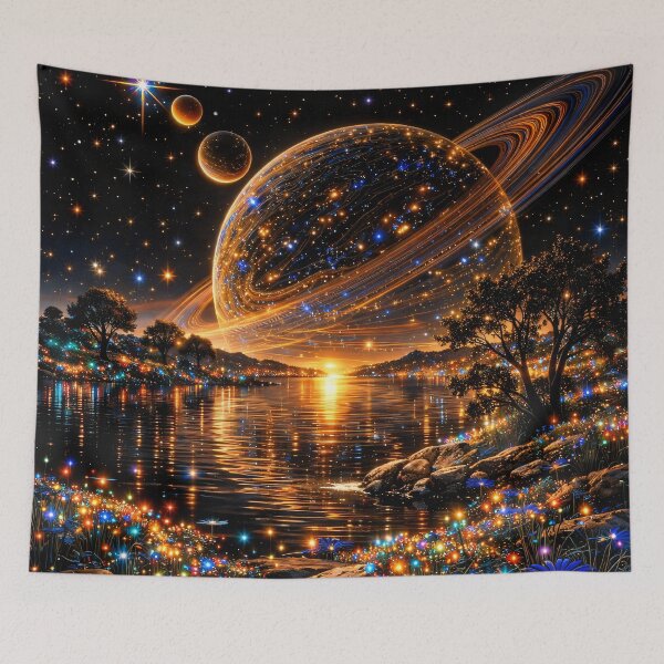 Item preview, Glowing Ringed Planet Over Cosmic Lake – Magical Celestial Fantasy Art Print designed and sold by Kaleidoscope Print.