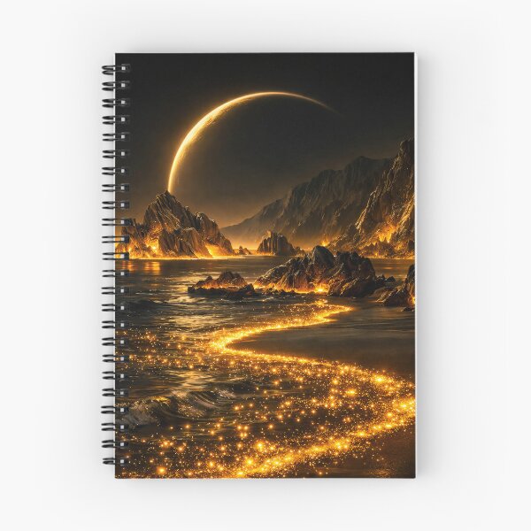Item preview, Golden Crescent Planet Over Glowing Coast – Dark Celestial Fantasy Landscape Art designed and sold by Kaleidoscope Print.