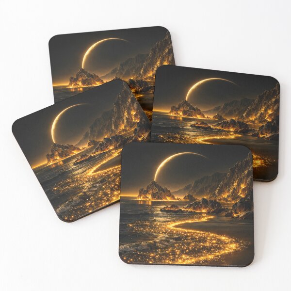 Item preview, Golden Crescent Planet Over Glowing Coast – Dark Celestial Fantasy Landscape Art designed and sold by Kaleidoscope Print.