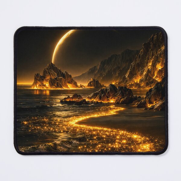 Item preview, Golden Crescent Planet Over Glowing Coast – Dark Celestial Fantasy Landscape Art designed and sold by Kaleidoscope Print.