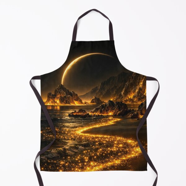 Aperçu de l'œuvre Planète en croissant d'or au-dessus d'une côte lumineuse – Art de paysage fantastique céleste sombre créée et vendue par Kaleidoscope Print.