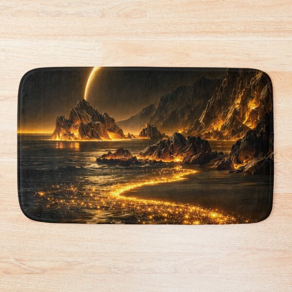 Item preview, Golden Crescent Planet Over Glowing Coast – Dark Celestial Fantasy Landscape Art designed and sold by Kaleidoscope Print.