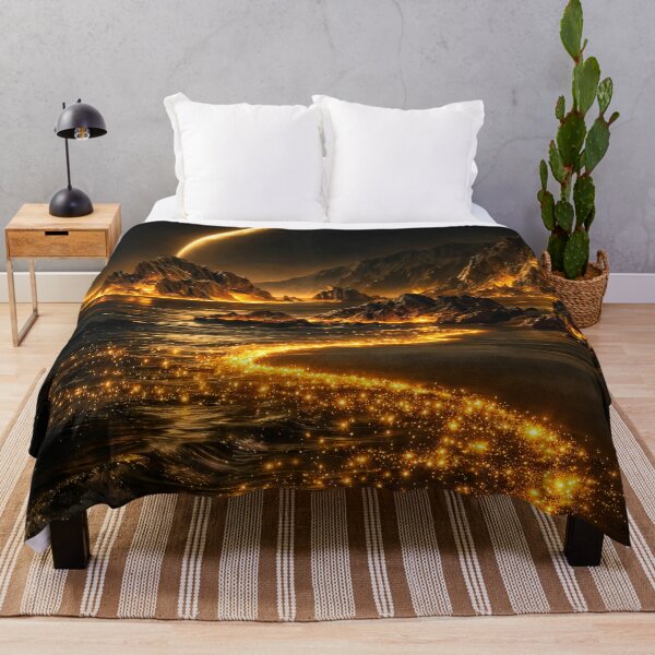 Item preview, Golden Crescent Planet Over Glowing Coast – Dark Celestial Fantasy Landscape Art designed and sold by Kaleidoscope Print.