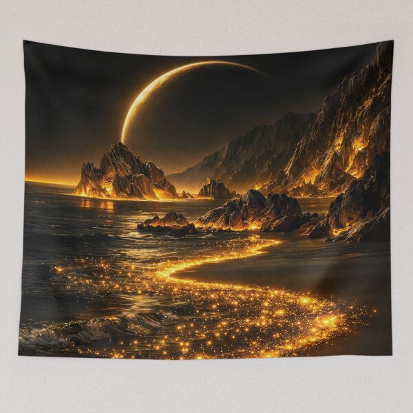 Item preview, Golden Crescent Planet Over Glowing Coast – Dark Celestial Fantasy Landscape Art designed and sold by Kaleidoscope Print.