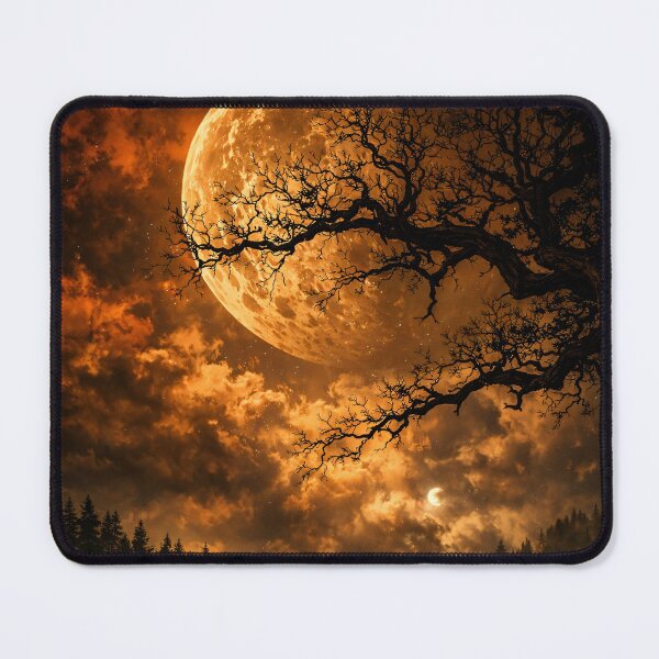 Item preview, Giant Golden Moon Over Dark Forest – Mystical Orange Night Landscape Art Print designed and sold by Kaleidoscope Print.
