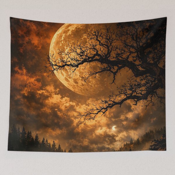 Item preview, Giant Golden Moon Over Dark Forest – Mystical Orange Night Landscape Art Print designed and sold by Kaleidoscope Print.