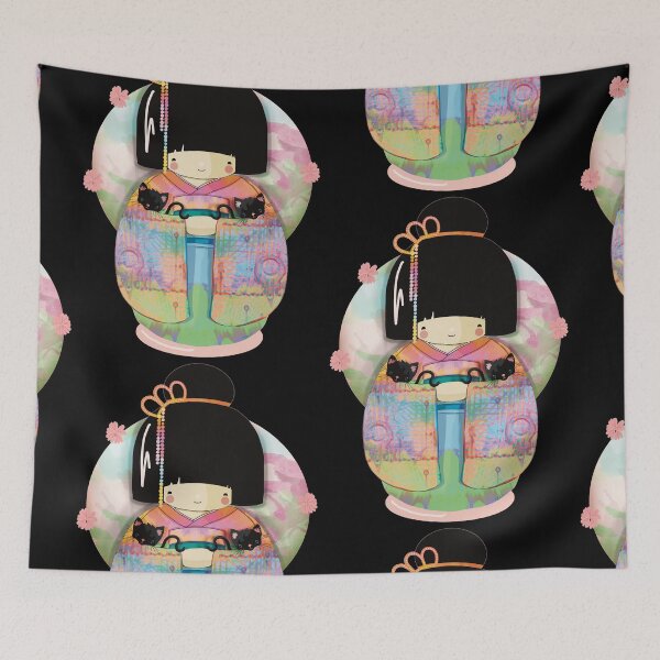 Item preview, Cute Japanese Kokeshi Doll and Black Cats designed and sold by Karin Taylor.