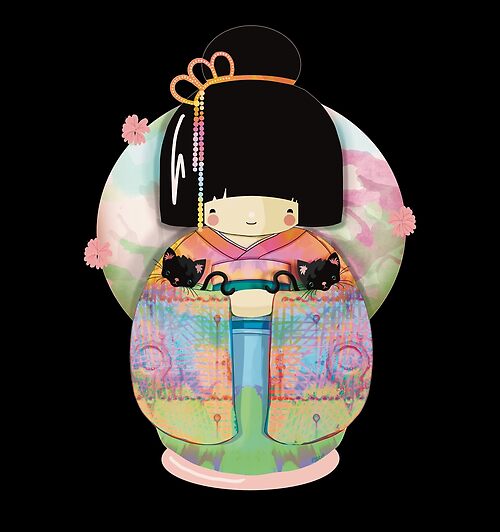 Item preview, Cute Japanese Kokeshi Doll and Black Cats designed and sold by Karin Taylor.