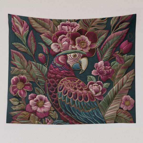 Item preview, Maximalist Embroidery Parrot Enchanted Garden designed and sold by artsandsoul.