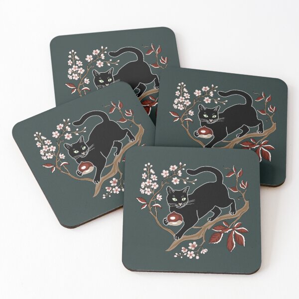 Item preview, Black Cat Cottagecore with Chestnut and Cherry Blossom Folk Art designed and sold by LeshanArt.