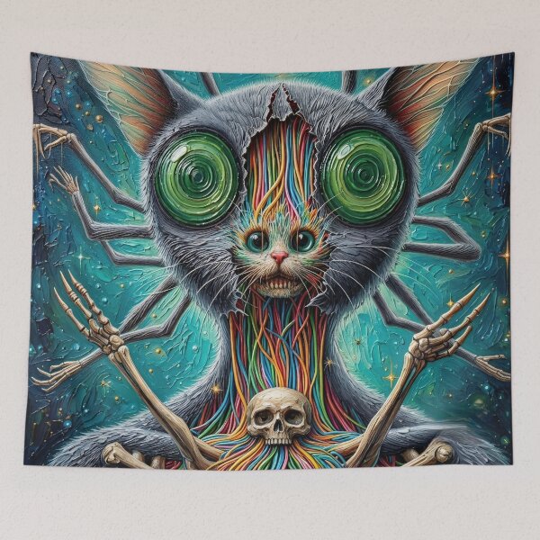 Item preview, Surreal Cat Creature Multi-Eyes Colored Wires Skull Art designed and sold by LujziWorld.