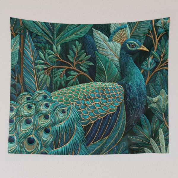 Item preview, Maximalist Embroidery Peacock Birds Green Paradise designed and sold by artsandsoul.