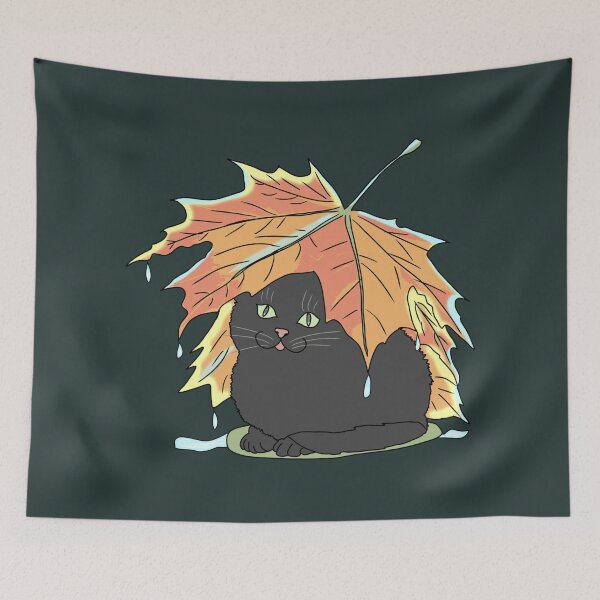 Item preview, Black Cat Under Autumn Leaf Umbrella | Fall Rainy Day Cottagecore Art designed and sold by LeshanArt.