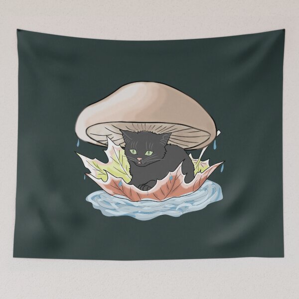 Item preview, Cat Under Mushroom in Rain Hand Drawn Cottagecore Kitten designed and sold by LeshanArt.