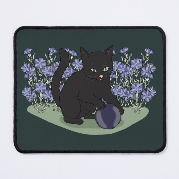 Item preview, Black Cat with Crystal Ball and Blue Wildflowers | Witchy Cottagecore Art designed and sold by LeshanArt.