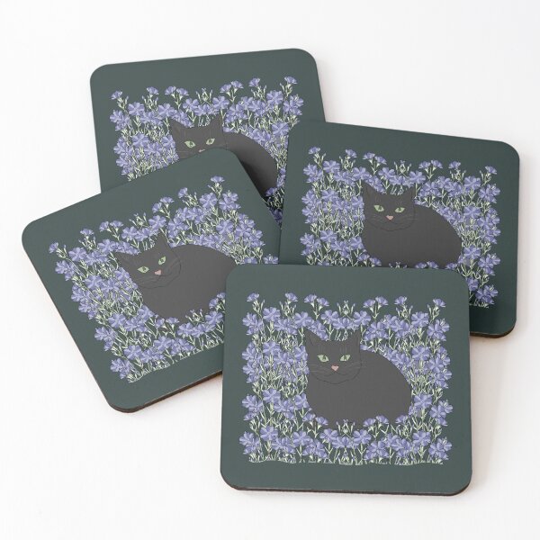 Item preview, Black Cat in Purple Flax Flowers Cottagecore Aesthetic designed and sold by LeshanArt.