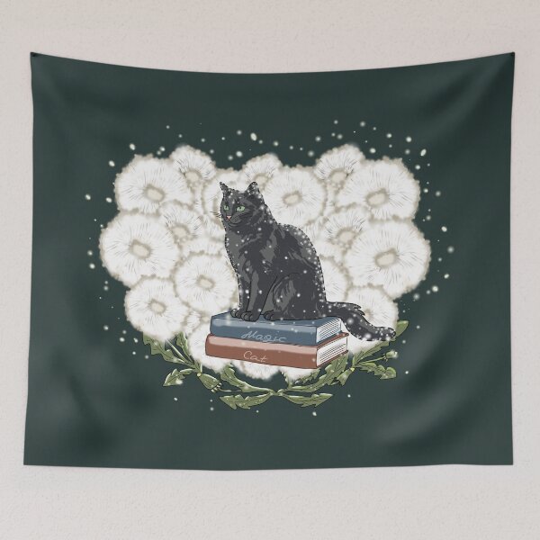 Item preview, Magic Cat Cottagecore Dandelion Art - Celestial Black Cat & Vintage Books designed and sold by LeshanArt.