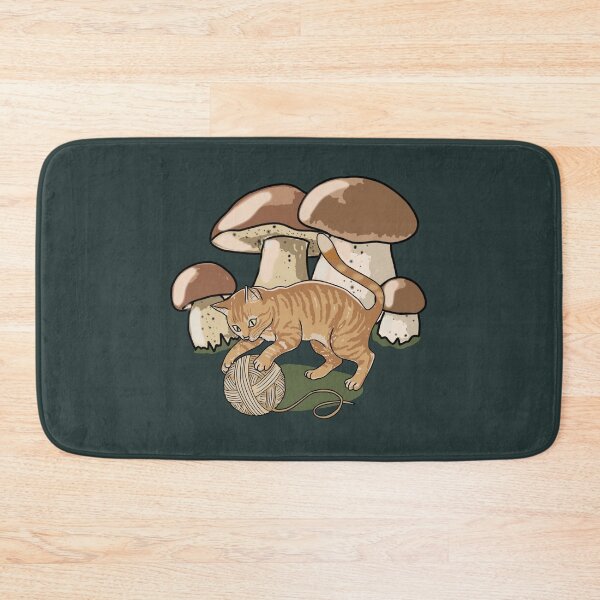 Item preview, Cottagecore Cat with Yarn Ball and Mushrooms Aesthetic Illustration designed and sold by LeshanArt.