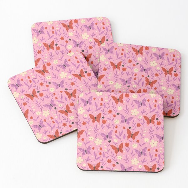 Item preview, red and pink butterflies and flowers on a pink background. designed and sold by burbura.