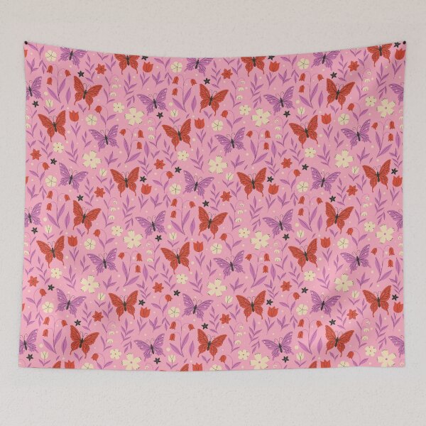 Item preview, red and pink butterflies and flowers on a pink background. designed and sold by burbura.