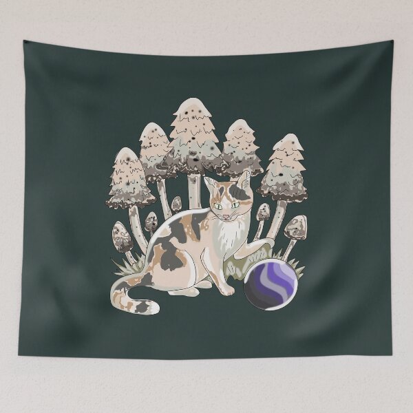 Item preview, Calico Cat in Mushroom Forest Cottagecore Aesthetic Art designed and sold by LeshanArt.