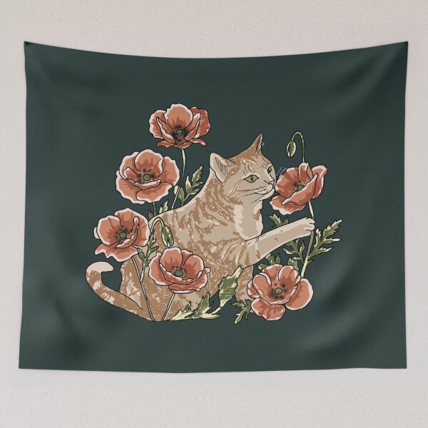 Item preview, Cottagecore Cat in Red Poppies Botanical Floral Art designed and sold by LeshanArt.