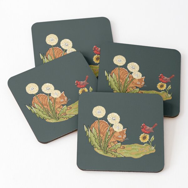 Item preview, Whimsical Cat and Red Cardinal in Dandelion Field Illustration designed and sold by LeshanArt.