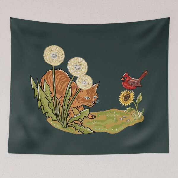 Item preview, Whimsical Cat and Red Cardinal in Dandelion Field Illustration designed and sold by LeshanArt.