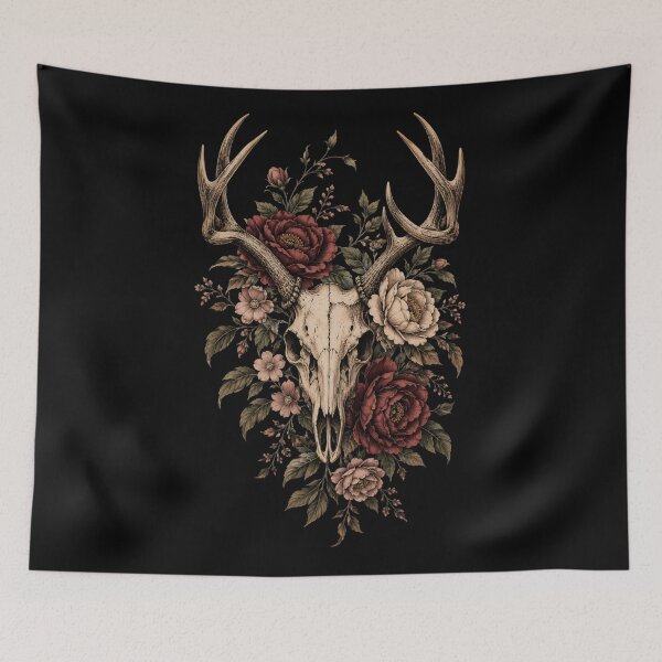 Item preview, Vintage Deer Skull and Flowers – Retro Gothic Botanical Tattoo Art designed and sold by Lyannaadesign.