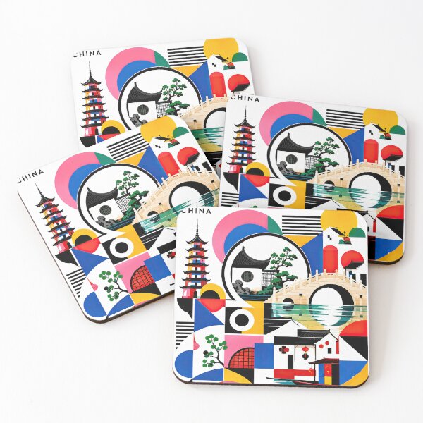 Item preview, Colorful geometric poster depicting Suzhou, China, with pagodas, designed and sold by ckybe.