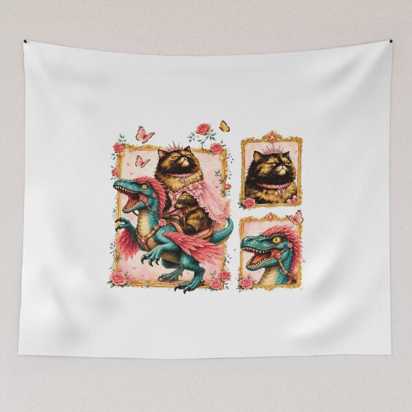 Item preview, Whimsical Cat Dinosaur Ride Roses Vintage designed and sold by SopheeTrah.