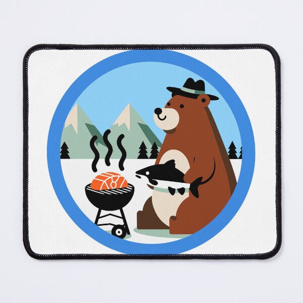 Item preview, Dapper Bear Grilling Salmon Mountain Badge designed and sold by Heaton-B-Design.