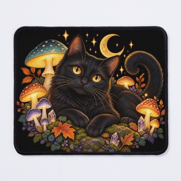 Item preview, Black Moon Cat in the Glowing Mushroom Garden designed and sold by SasukiMedia.