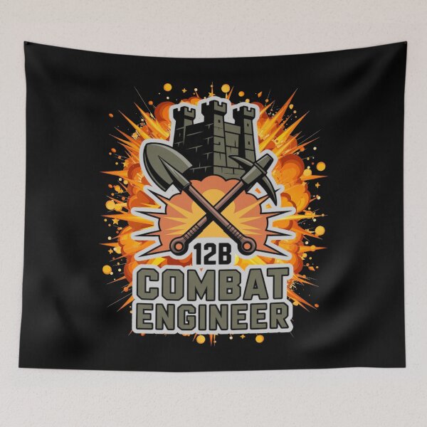 Item preview, 12B Combat Engineer — Castle Tower Emblem with Shovel, Pickaxe, and Massive Explosion U.S. Army MOS Graphic White Outline designed and sold by GFamilyC.