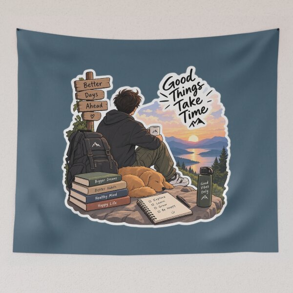 Item preview, Good Things Take Time – Mountain Adventure Boy & Dog designed and sold by KenjiSano.