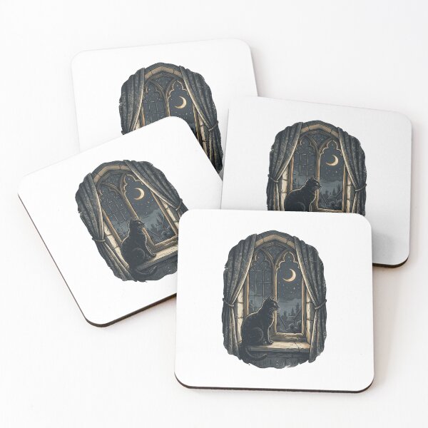 Item preview, Gothic Black Cat Gothic Arch Window Night Sky Illustration designed and sold by mood-draftsman.
