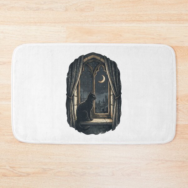 Item preview, Gothic Black Cat Gothic Arch Window Night Sky Illustration designed and sold by mood-draftsman.