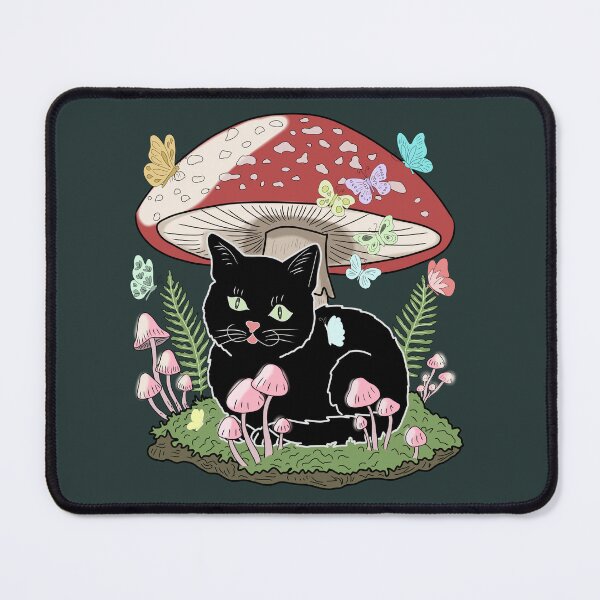 Item preview, Goblincore Black Cat under Amanita Mushroom with Pastel Butterflies Cottagecore Aesthetic designed and sold by LeshanArt.