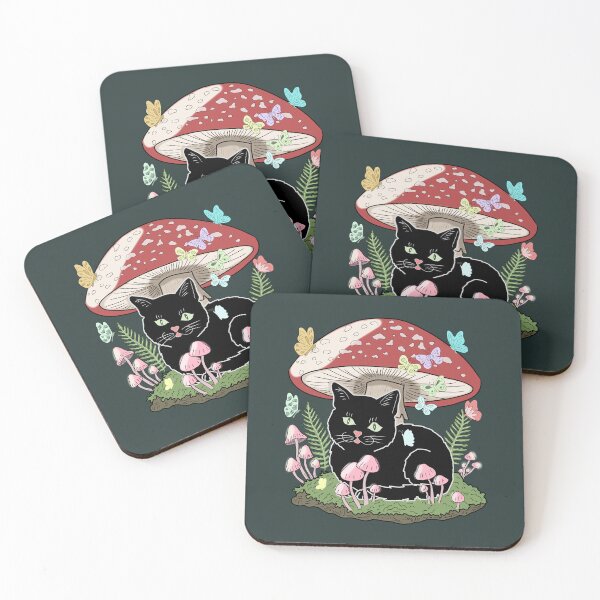 Item preview, Goblincore Black Cat under Amanita Mushroom with Pastel Butterflies Cottagecore Aesthetic designed and sold by LeshanArt.