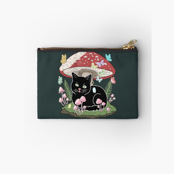 Item preview, Goblincore Black Cat under Amanita Mushroom with Pastel Butterflies Cottagecore Aesthetic designed and sold by LeshanArt.
