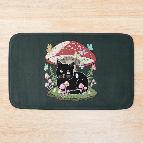 Item preview, Goblincore Black Cat under Amanita Mushroom with Pastel Butterflies Cottagecore Aesthetic designed and sold by LeshanArt.