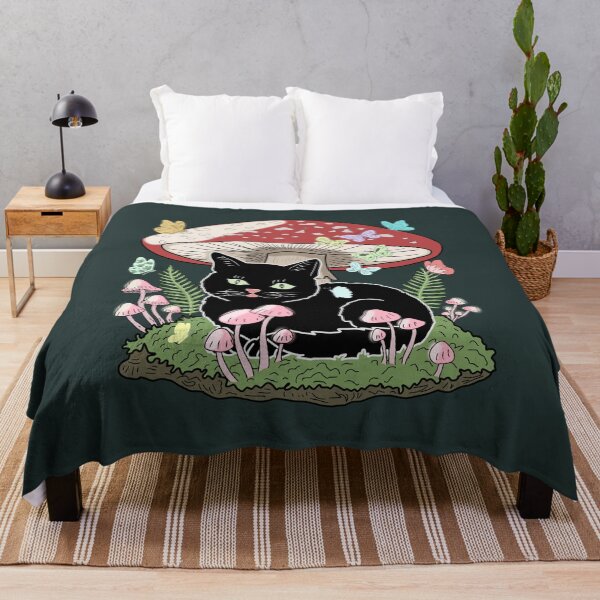 Item preview, Goblincore Black Cat under Amanita Mushroom with Pastel Butterflies Cottagecore Aesthetic designed and sold by LeshanArt.