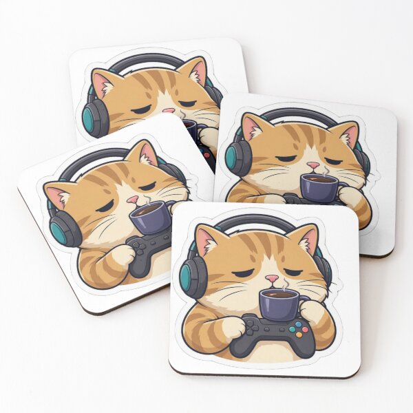 Item preview, Sleepy Orange Tabby Gamer Cat - Coffee Cup & Controller Cozy Gamer Sticker designed and sold by CyberPaws Art.