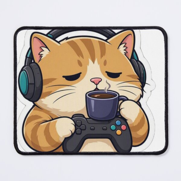 Item preview, Sleepy Orange Tabby Gamer Cat - Coffee Cup & Controller Cozy Gamer Sticker designed and sold by CyberPaws Art.