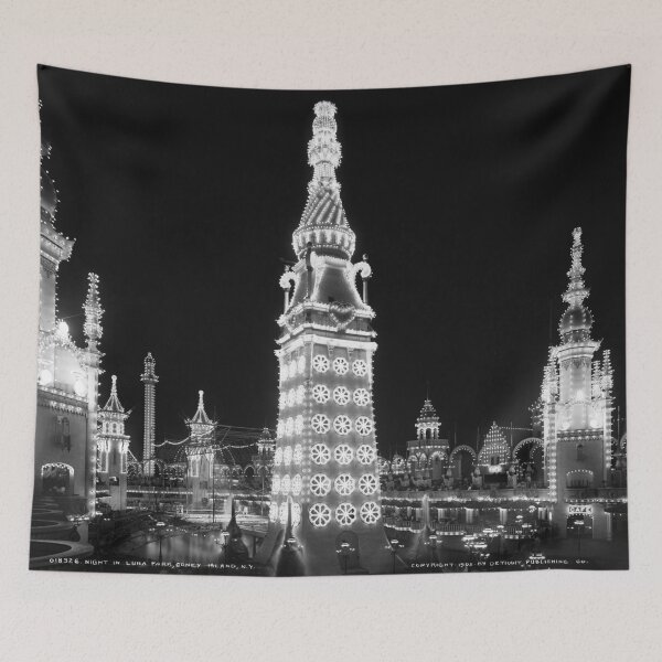 Item preview, 1905 vintage Night in Luna Park, Coney Island, New York amusement park black and white photographic art print designed and sold by Astrid Arkhangelsky.