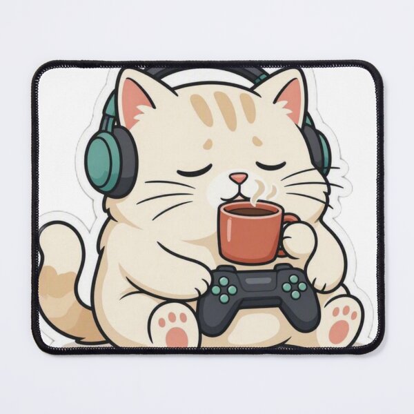 Item preview, Cozy White Gamer Cat - Coffee Mug & Gamepad Chilled Kitty Sticker designed and sold by CyberPaws Art.